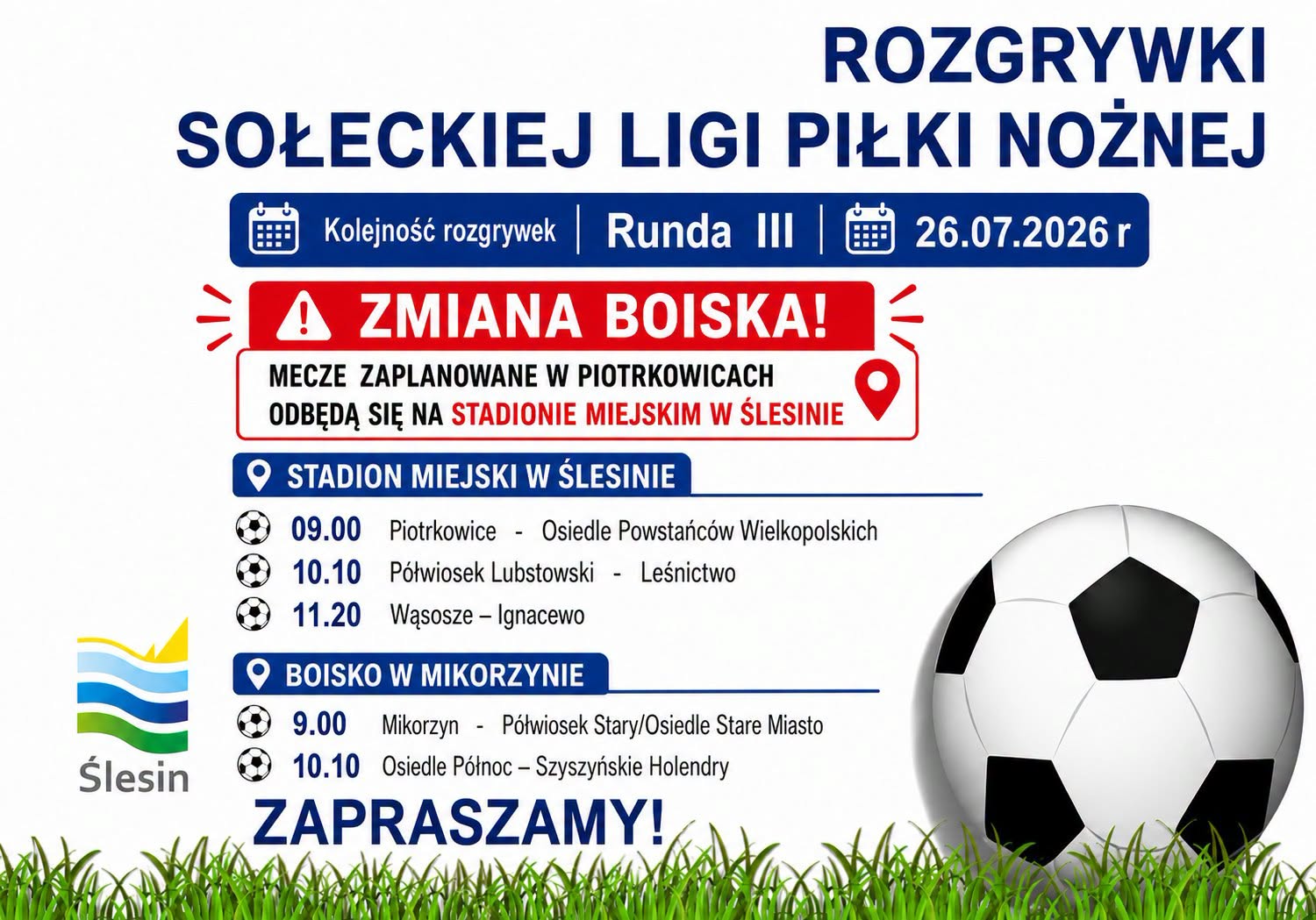 Zmiana boiska w Rozgrywkach Sołeckiej Ligi Piłki Nożnej