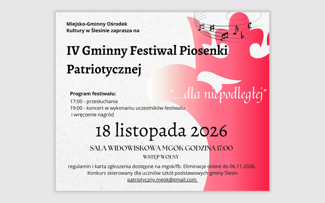 Zapraszamy uczniów do udziału w IV Gminnym Festiwalu Piosenki Patriotycznej